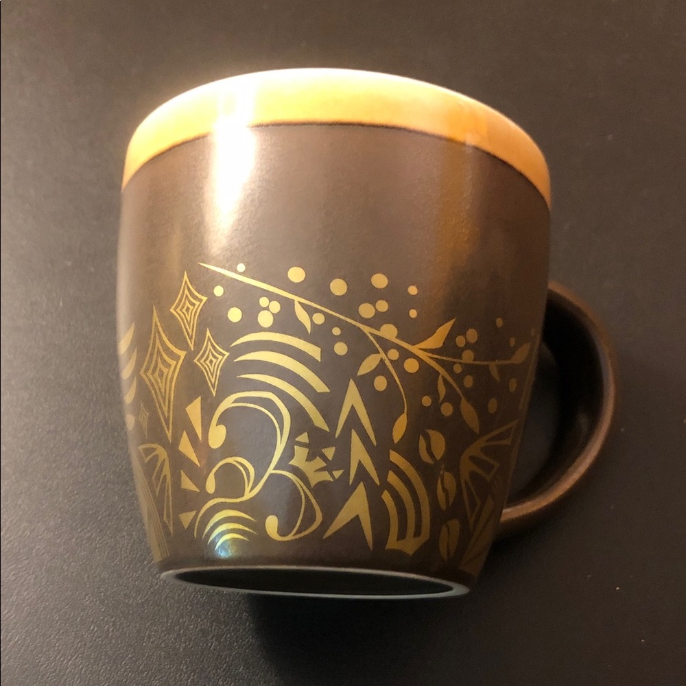 Starbucks Brown and Gold Ceramic Mug with Botanical Pattern